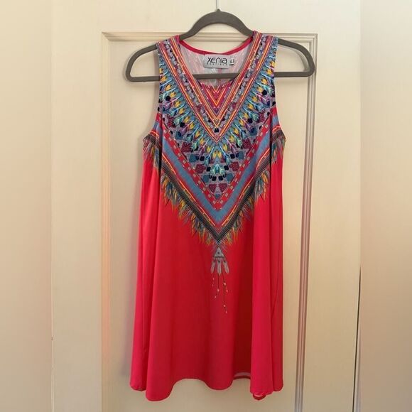 Xenia Boutique bright pink sleeveless dress w bright dreamcatcher design NWOT 4 - Picture 1 of 8